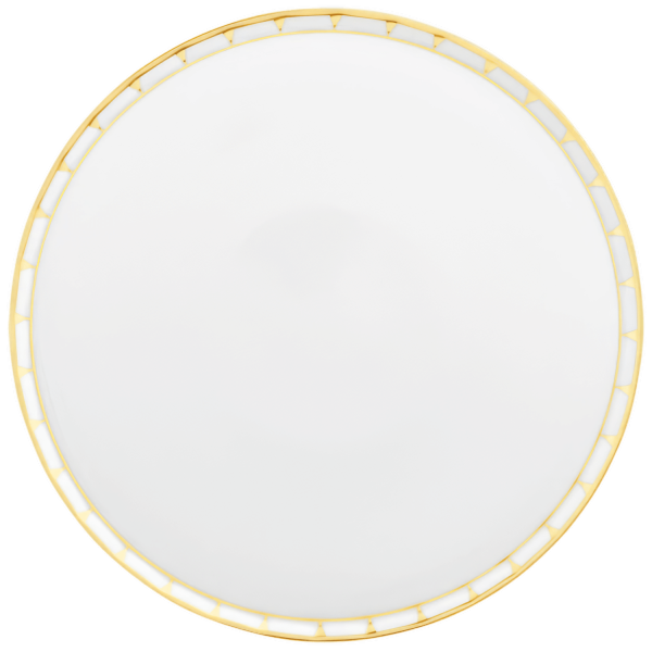 Weiße Porzellanteller mit goldener Randverzierung, minimalistisch gestaltet. Fürstenberg Porzellan.